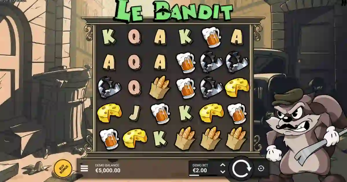 Máquina tragaperras Le Bandit con rodillos que muestran símbolos de cerveza, queso, baguette y letras, interfaz de juego con apuesta y saldo visibles.